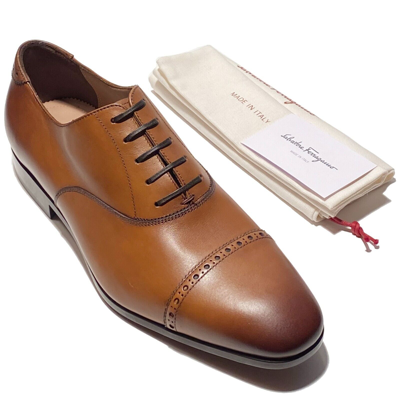 Pre-owned Gancini Ferragamo Boston Leather Cap Toe  Oxford Formal Men's Brown Dress Shoes