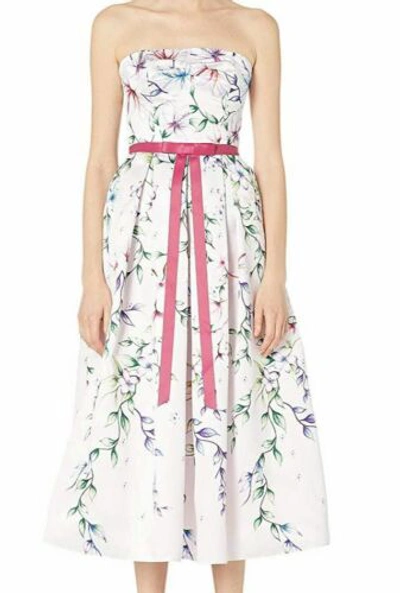 Pre-owned Marchesa Notte $1629  Womens Pink Strapless Floral Tea Length A-line Dress Size 6