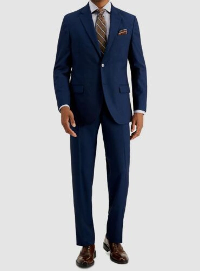 Pre-owned Nautica $395  Men's Blue Modern-fit Stretch Pindot 2-piece Jacket Pants Suit 48r