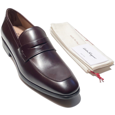 Pre-owned Gancini Ferragamo Penny Loafers Brown Calf Leather Men's Dress Slip-on Shoes