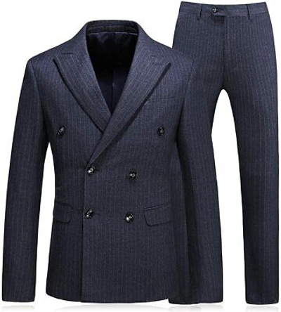 Pre-owned Mogu Mens Double Breasted Pinstripe 3 Piece Suit Slim Fit Blazer Jacket & Trouse In Blue