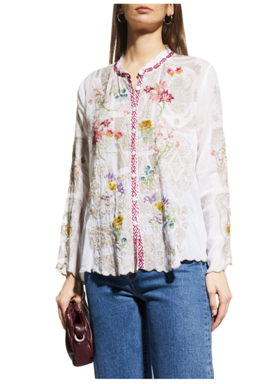 Pre-owned Johnny Was Allbee Blouse White Blouse Long Shirt Top Flower Embroidery Med M