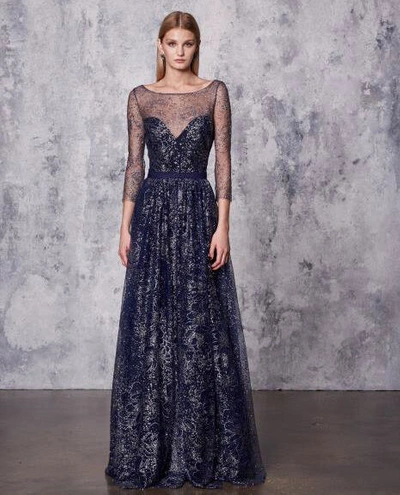 Pre-owned Marchesa Notte $995  Navy Blue Glitter Tulle Gown Embroidered Crystals 10