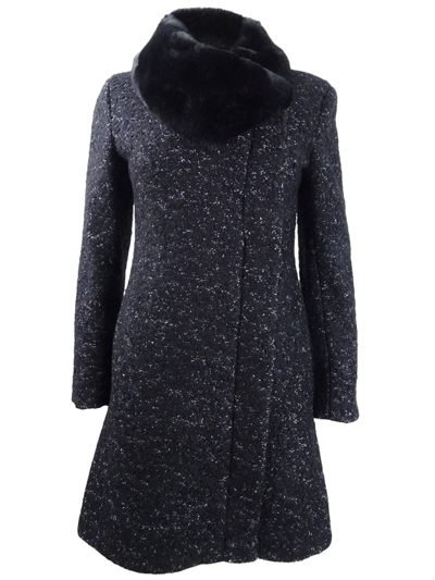 Pre-owned Dkny Women's Petite Asymmetrical-zip Faux-fur-collar Coat In Black