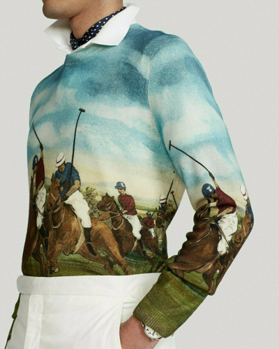 Pre-owned Polo Ralph Lauren Vtg 100% Cashmere Horse Players Royal Knit Sweater Snow Beach In Sky Blue Green
