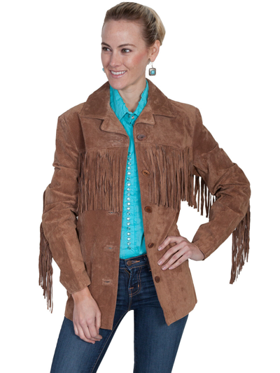 Pre-owned Scully Leather Women's Fringe Yokes Sleeves Suede Jacket L74 In Cinnamon Boar Suede