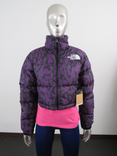 Pre-owned The North Face Womens  Printed Nuptse Short Crop 700-down Jacket - Purple Leopard