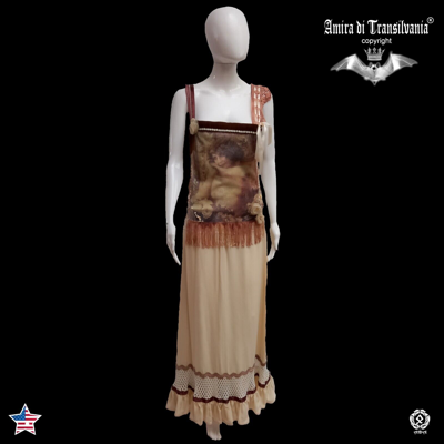Pre-owned Amira Di Transilvania Women Clothing Dress Long Luxury Brand Embroidered Beige Flowers Fringes Ruffles