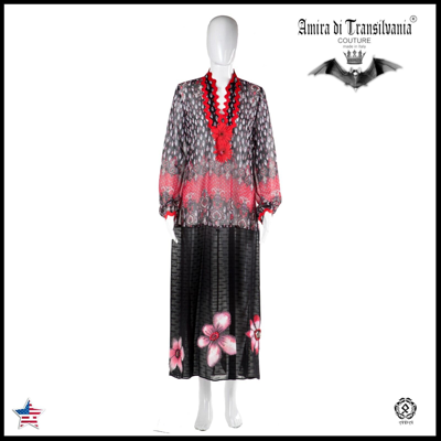 Pre-owned Amira Di Transilvania Women Clothing Summer Dress Haute Couture Black Fashion Red Country Flowers Bead