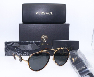 Pre-owned Versace Mod. 2232 1470/87 Havana-gold W/gold Medusa Strap Sunglasses 61-18 In Gray