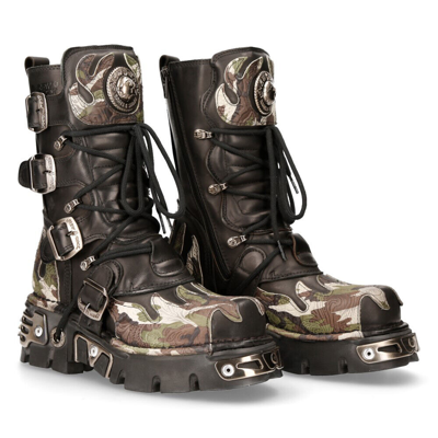 Pre-owned Rock 591-s15 Boots Camouflage Flame Metallic Black Leather Goth Punk Biker