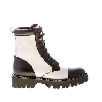 Pre-owned Roberto Festa Women Shoes Black And Ivory Soft Napa Leather Silvie Combat Boot In Multi-color