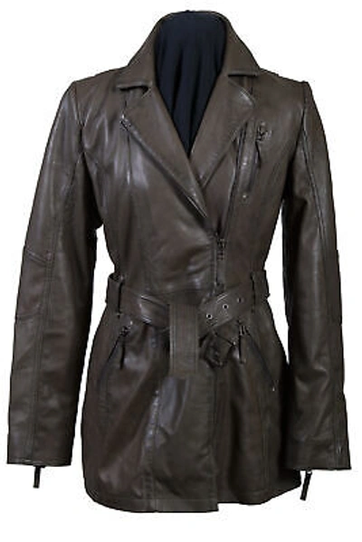 Pre-owned Scully Womens Olive Lambskin Belted Zip Jacket In Green