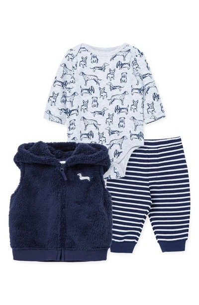 Little Me Babies' Puppies Faux Fur Fleece Hooded Vest, Long Sleeve Bodysuit & Joggers Set In Blue
