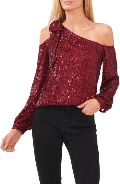 Cece One-shoulder Sequin Top In Dark Wine