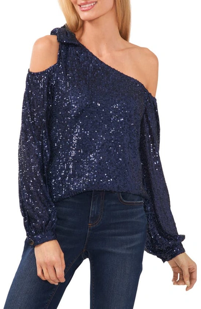Cece One-shoulder Sequin Top In Classic Navy