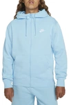 Nike Club Zip-up Logo Hoodie In Blue Chill/ Blue Chill