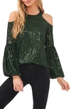 Cece Cold Shoulder Sequin Blouse In Alpine Green