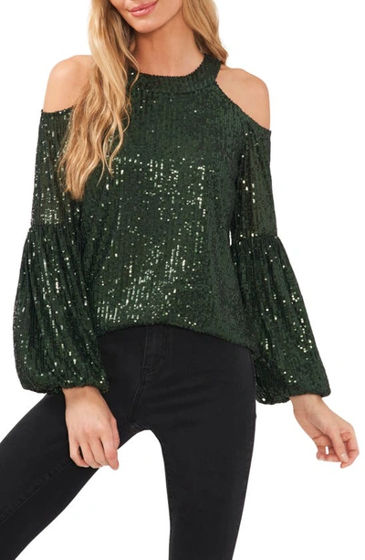 Cece Cold Shoulder Sequin Blouse In Pine Green