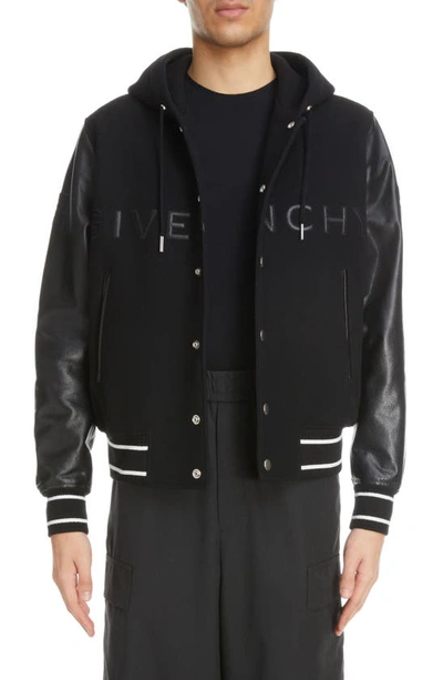 Givenchy Mixed Media Logo Wool Blend Varsity Jacket In Black