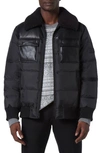 ANDREW MARC BEAUMONT FAUX SHEARLING COLLAR FAUX LEATHER WATER RESISTANT QUILTED PUFFER JACKET