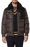 ANDREW MARC BEAUMONT FAUX SHEARLING COLLAR FAUX LEATHER WATER RESISTANT QUILTED PUFFER JACKET