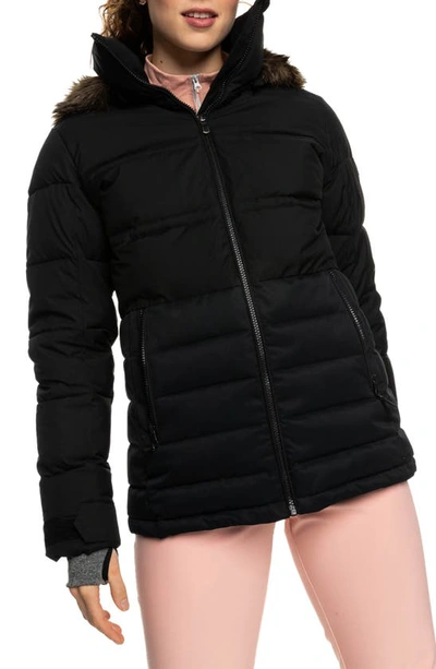 Roxy Quinn Insulated Snow Puffer Coat With Removable Faux Fur Trim In True Black