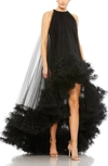 Mac Duggal Tulle High Neck Sleeveless Ruffled Hem Hi-lo Gown In Black