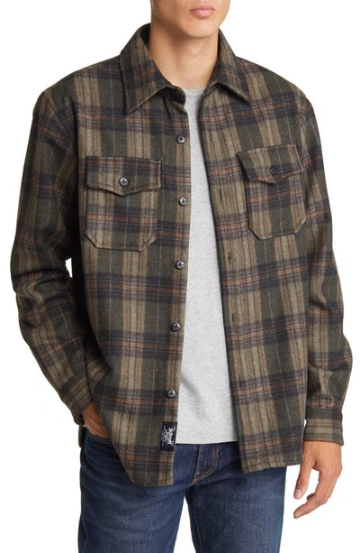 Schott Plaid Wool Blend Button-up Shirt Jacket In Olive