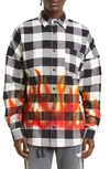 Palm Angels Man Black And White Check Cotton Overshirt With Burning Flames Print In Black Red