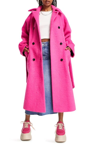 Topshop Double Breasted Tie Waist Trench Coat In Bright Pink