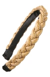 Tasha Skinny Chain Braided Faux Leather Headband In British Tan Gold