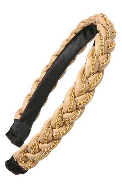 Tasha Skinny Chain Braided Faux Leather Headband In British Tan Gold