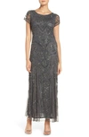 Pisarro Nights Beaded Mesh Column Gown In Smoke