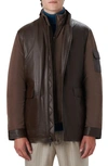 Bugatchi Full Zip Leather Bomber Jacket With Removable Bib In Chocolate