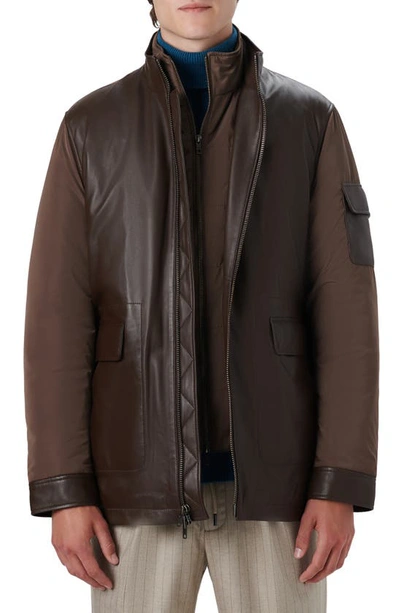 Bugatchi Full Zip Leather Bomber Jacket With Removable Bib In Chocolate
