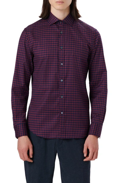 Bugatchi Shaped Fit Check Print Stretch Cotton Button-up Shirt In Navy