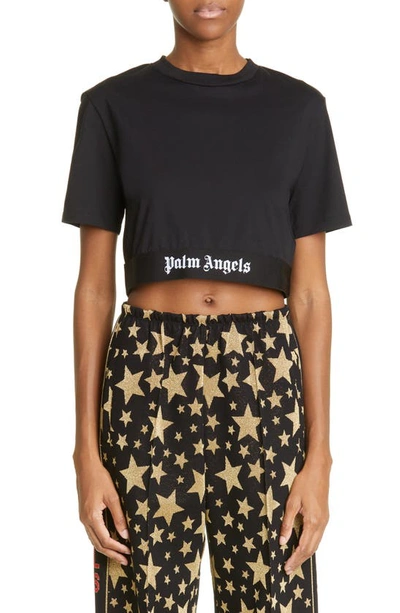 Palm Angels Cropped Logo-trimmed Stretch-cotton Jersey Top In Black