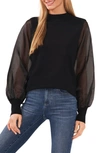 Cece Organza Sleeve Mock Neck Sweater In Rich Black