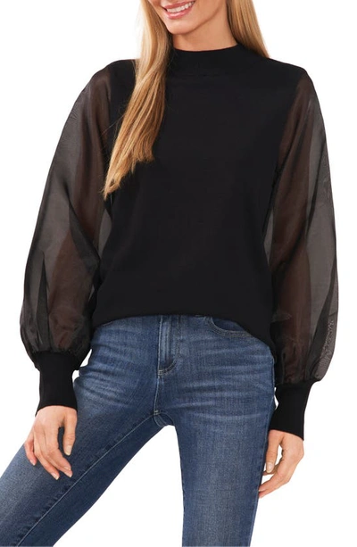 Cece Organza Sleeve Mock Neck Sweater In Rich Black
