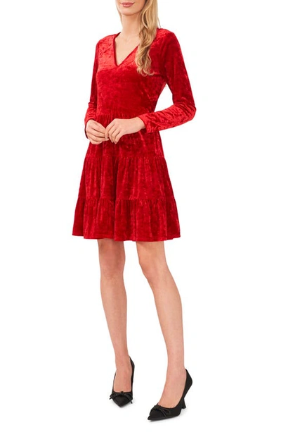 Cece Long Sleeve Tiered Stretch Velvet Dress In New Bright Ruby