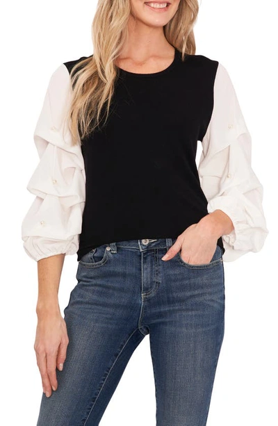 Cece Colorblock Tucked Sleeve Cotton Sweater In Rich Black