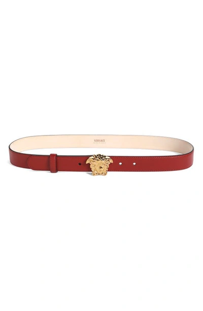 Versace Medusa Leather Belt In Parade Red- Gold