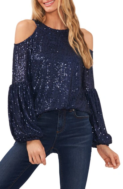 Cece Cold Shoulder Sequin Blouse In Classic Navy
