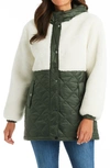Sanctuary Mixed Media Faux Shearling Quilted Coat In Olive