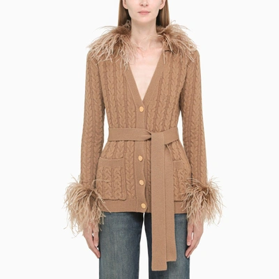 Valentino Belted Feather-trimmed Cable-knit Wool Cardigan In Beige