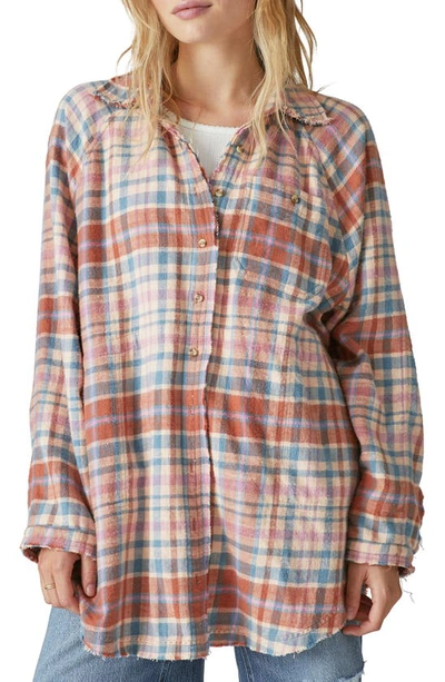 Shop Lucky Brand Cloud Plaid Cotton Tunic Shirt In Orange Plaid