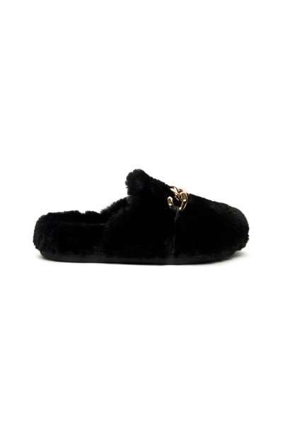 N°21 Kids' Faux Long Hair Mules With Chain In Black