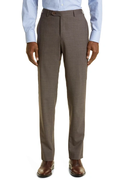 Canali Flat Front Classic Fit Solid Stretch Wool Dress Trousers In Brown