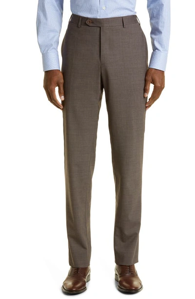 Canali Flat Front Classic Fit Solid Stretch Wool Dress Pants In Brown